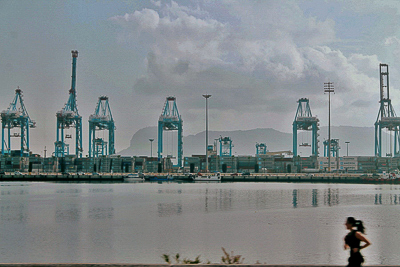 Container docks Algeciras with Gibraltar in background