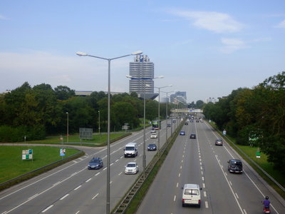 Looking down the Georg-Brauchle-Ring to BMW HQ, Munich
