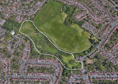 Wagon Lane Park with area of rough ground circled in white.