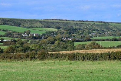 The Purbeck Ridge behind Church Knowle, view from the lane outside our B&amp;B.