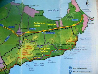 Map of the area, agricultural fields, campsite and the Parque regional Calblanque.